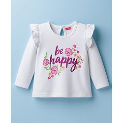 Babyhug 100% Cotton Knit Full Sleeves T-Shirt with Frill Detailing Floral & Text Print - White