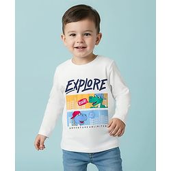 Babyhug 100% Cotton Knit Full Sleeves T-Shirt with Dino & Explore Text Print - White