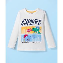 Babyhug 100% Cotton Knit Full Sleeves T-Shirt with Dino & Explore Text Print - White