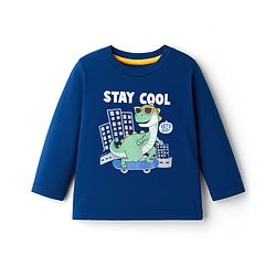 Babyhug 100% Cotton Knit  Full Sleeves T-Shirt with Stay Cool & Dino Print - Navy Blue