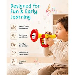 Babyhug Interactive Musical Trumpet Toy with Flashing Lights & Music - Red & Yellow| Learning Toy for Toddlers| Battery Operated | BIS Certified| Toy for 12+ Months Boys & Girls| Gifting Option