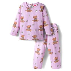 Babyhug Cotton Knit Full Sleeves Co-ords Night Suit With Bear Print - Pink