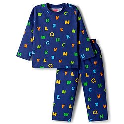 Babyhug Cotton Knit Full Sleeves Co-ords Night Suit With Alphabets Print - Navy Blue