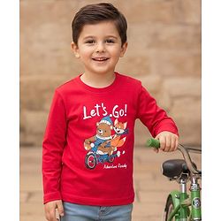 Babyhug 100% Cotton Knit Full Sleeves T-Shirt with Lets Go Text & Teddy Print - Red