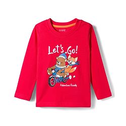 Babyhug 100% Cotton Knit Full Sleeves T-Shirt with Lets Go Text & Teddy Print - Red