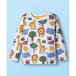 Babyhug 100% Cotton Knit Full Sleeves T-Shirt with Animal Print - White