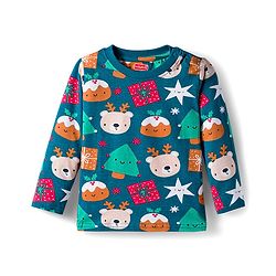 Babyhug 100% Cotton Knit Full Sleeves Co-ords Night Suit With Animal Print - Teal Blue