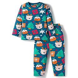 Babyhug 100% Cotton Knit Full Sleeves Co-ords Night Suit With Animal Print - Teal Blue