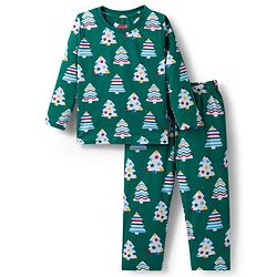 Babyhug Cotton Knit Full Sleeves Co-ord Night Suit with X-Mas Tree Print - Green