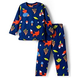 Babyhug Cotton Knit Full Sleeves Co-ord Night Suit With Fox Print - Navy Blue