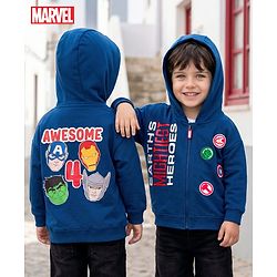 Babyhug Marvel Terry Knit Drop Shoulder Full Sleeves Hooded Sweatjacket with Front and Back Avengers Graphics - Navy Blue