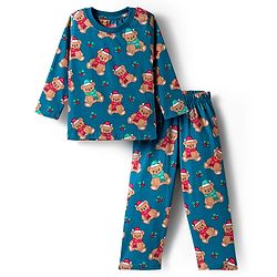 Babyhug Cotton Knit Full Sleeves Co-ord Night Suit With Teddy Bear Print - Blue