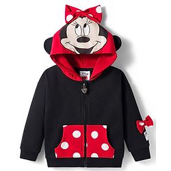Babyhug Disney Terry Knit  Drop Shoulder Full Sleeves Hooded Sweatshirt with Minnie Mouse Graphics and 3D Appilque - Red & Black