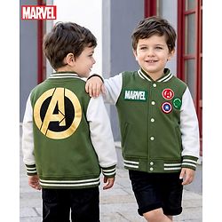 Babyhug Marvel Terry Knit Full Sleeves Bomber Jacket with Avengers Badge Detailing & Kangaroo Pocket - Green