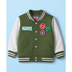 Babyhug Marvel Terry Knit Full Sleeves Bomber Jacket with Avengers Badge Detailing & Kangaroo Pocket - Green