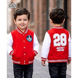 Babyhug Disney Terry Knit Full Sleeves Bomber Jacket with Mickey Mouse Badge Detailing - Red