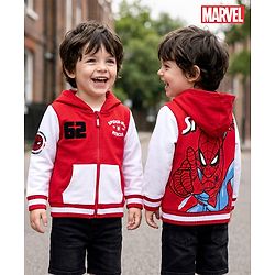 Babyhug Marvel Terry Knit Full Sleeves Hooded Sweatjacket with Spider-Man Graphics and Badge Detailing - Red & White
