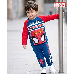 Babyhug Marvel Single Jersey Knit Full Raglan Sleeves Night Suit With Spider Man Graphics - Red & Blue