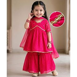 Babyhug Georgette Woven Three Fourth Sleeves Kurta Gharara & Dupatta Set With Sequin Detailing - Fuschia