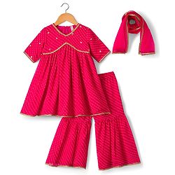 Babyhug Georgette Woven Three Fourth Sleeves Kurta Gharara & Dupatta Set With Sequin Detailing - Fuschia