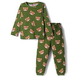 Babyhug Cotton Knit Full Sleeves Co-ords Night Suit With Animal Print - Green