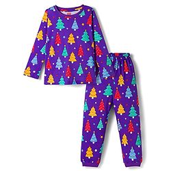 Babyhug Cotton Knit Full Sleeves Co-ords Night Suit With Tree Print - Purple