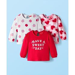 Babyhug 100% Cotton Knit Full Sleeves T-Shirts with Text Apple & Heart Print Pack of 3 - White Pink & Red