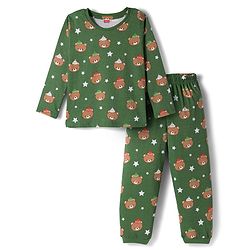 Babyhug Cotton Knit Full Sleeves Co-ords Night Suit With Animal Print - Green