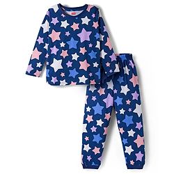 Babyhug Cotton Knit Full Sleeves Co-ords Night Suit With Star Print - Blue