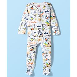 Babyhug Cotton Knit Full Sleeves Footed Sleep Suit with Beach Theme Print - White