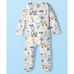 Babyhug Cotton Knit Full Sleeves Footed Sleep Suit with Beach Theme Print - White