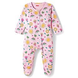 Babyhug Cotton Knit Full Sleeves Footed Sleepsuit With Floral Print - Light Pink