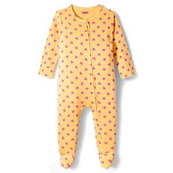 Babyhug Cotton Knit Full Sleeves Footed Sleepsuit With Heart Print - Yellow