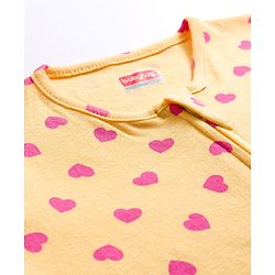 Babyhug Cotton Knit Full Sleeves Footed Sleepsuit With Heart Print - Yellow