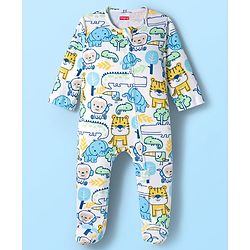 Babyhug Cotton Knit Full Sleeves Footed Sleepsuit With Animal Print - White