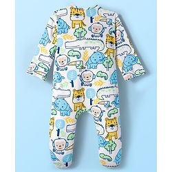 Babyhug Cotton Knit Full Sleeves Footed Sleepsuit With Animal Print - White