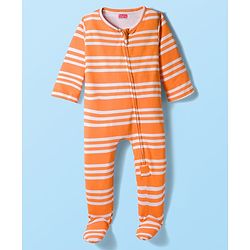 Babyhug Cotton Knit Full Sleeves Footed Sleep Suit with Stripes - Orange