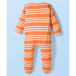 Babyhug Cotton Knit Full Sleeves Footed Sleep Suit with Stripes - Orange