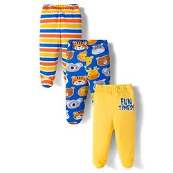 Babyhug Cotton Knit Striped & Animal Printed Bootie Leggings Pack of 3 - Yellow & Blue