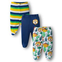 Babyhug Cotton Knit Bootie Leggings with Stripes & Animal Print Pack of 3 - Navy Blue & Yellow