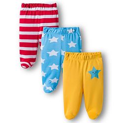 Babyhug Cotton Knit Bootie Leggings with Stripes & Star Print Pack of 3 - Red Light Blue & Yellow