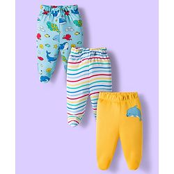 Babyhug Cotton Knit Striped & Sea Animals Printed Bootie Leggings Pack of 3 - Yellow Light Blue & White