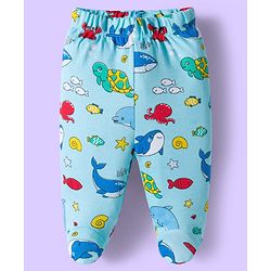 Babyhug Cotton Knit Striped & Sea Animals Printed Bootie Leggings Pack of 3 - Yellow Light Blue & White