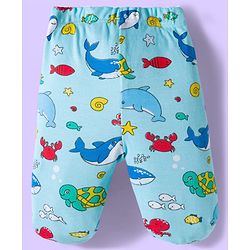 Babyhug Cotton Knit Striped & Sea Animals Printed Bootie Leggings Pack of 3 - Yellow Light Blue & White