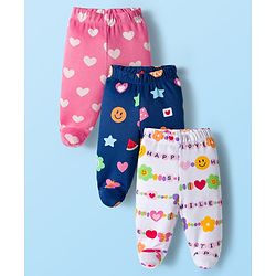 Babyhug Cotton Knit Heart Printed Bootie Leggings Pack of 3 - Pink Navy Blue & White