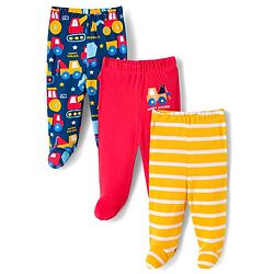 Babyhug Cotton Knit Footed Bootie Leggings with Construction Vehicle Print & Stripes Pack of 3 - Red Yellow & Navy Blue