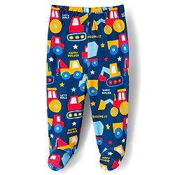 Babyhug Cotton Knit Footed Bootie Leggings with Construction Vehicle Print & Stripes Pack of 3 - Red Yellow & Navy Blue