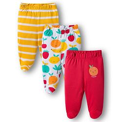 Babyhug Cotton Knit Bootie Leggings with Stripes & Fruits Print Pack of 3 - Red White & Yellow