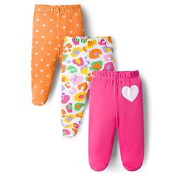 Babyhug Cotton Knit Footed Bootie Leggings with Heart & Polka Dot Print Pack of 3 - Orange Dark Pink & White
