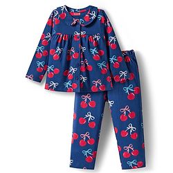 Babyhug Cotton Knit Full Sleeves Front Open Co-ord Night Suit With Cherry Print - Navy Blue